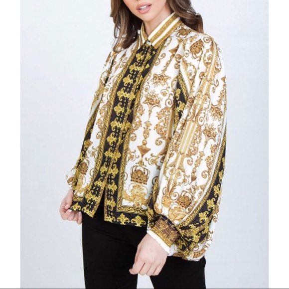 Flying Tomato collar Baroque Print gold blouse top - Picture 3 of 9
